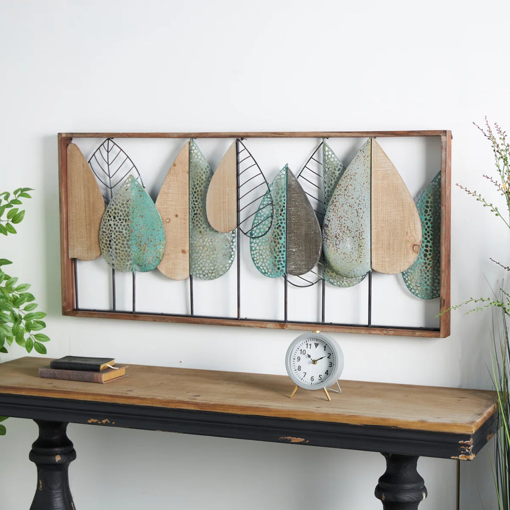 Wood Cutout Leaf Home Wall Decor with Green and Black Metal Wire Accents