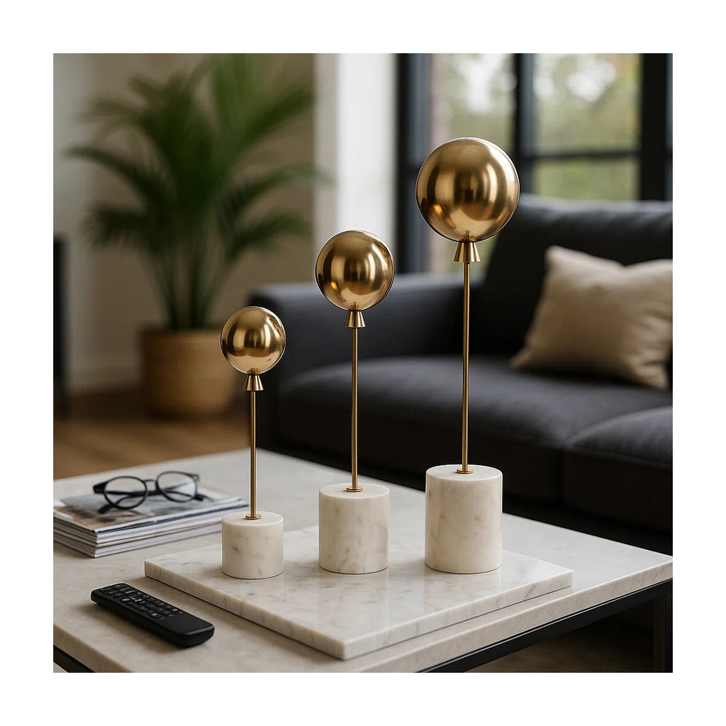 Decorative Balloon Statue Figurine with Marble Base for Home Decor – Minimalist Decorative Object for Shelf Styling and Living Room Decoration – Set of 3, 18", 15", 11", Gold & White (Set of 3)