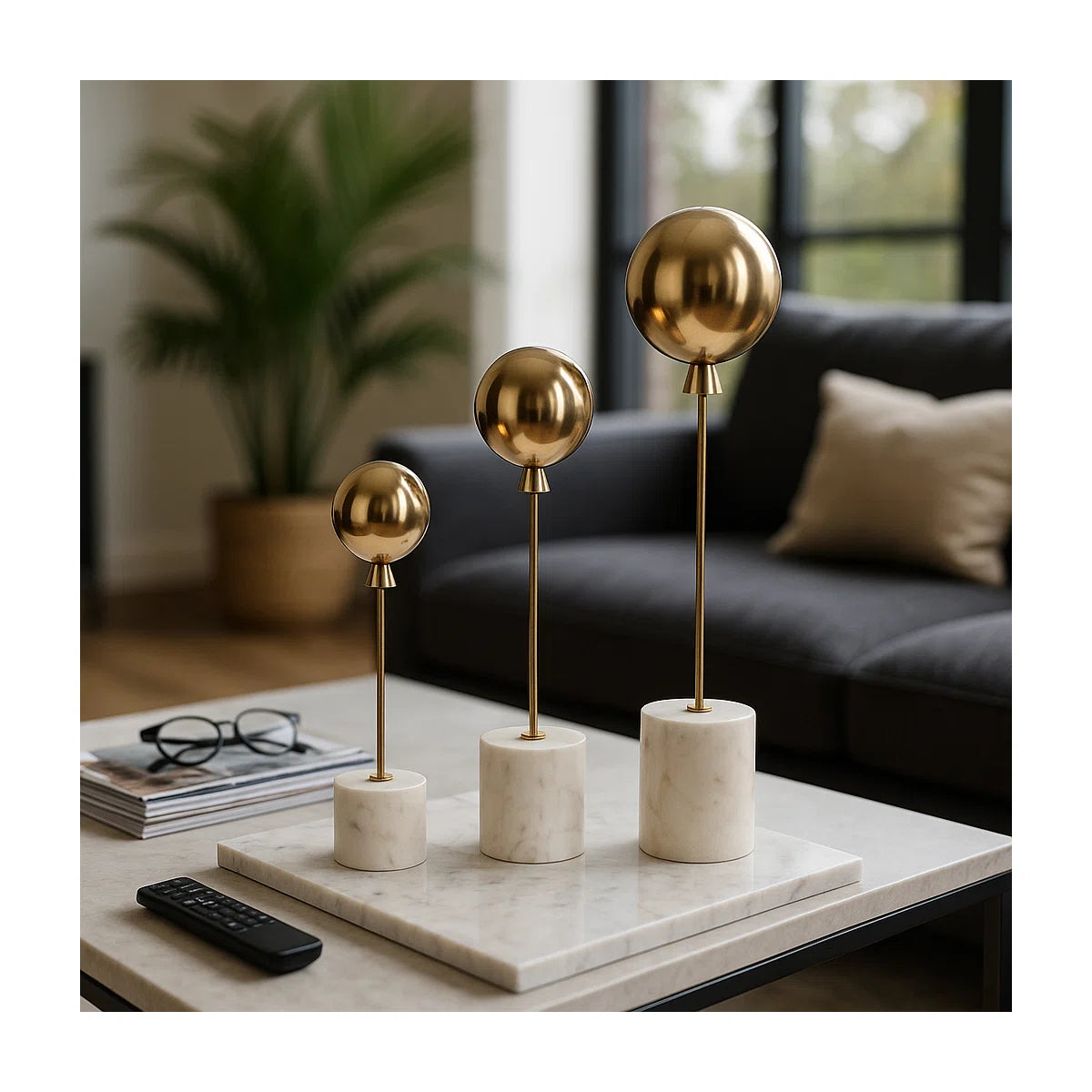 Decorative Balloon Statue Figurine with Marble Base for Home Decor – Minimalist Decorative Object for Shelf Styling and Living Room Decoration – Set of 3, 18", 15", 11", Gold & White (Set of 3)
