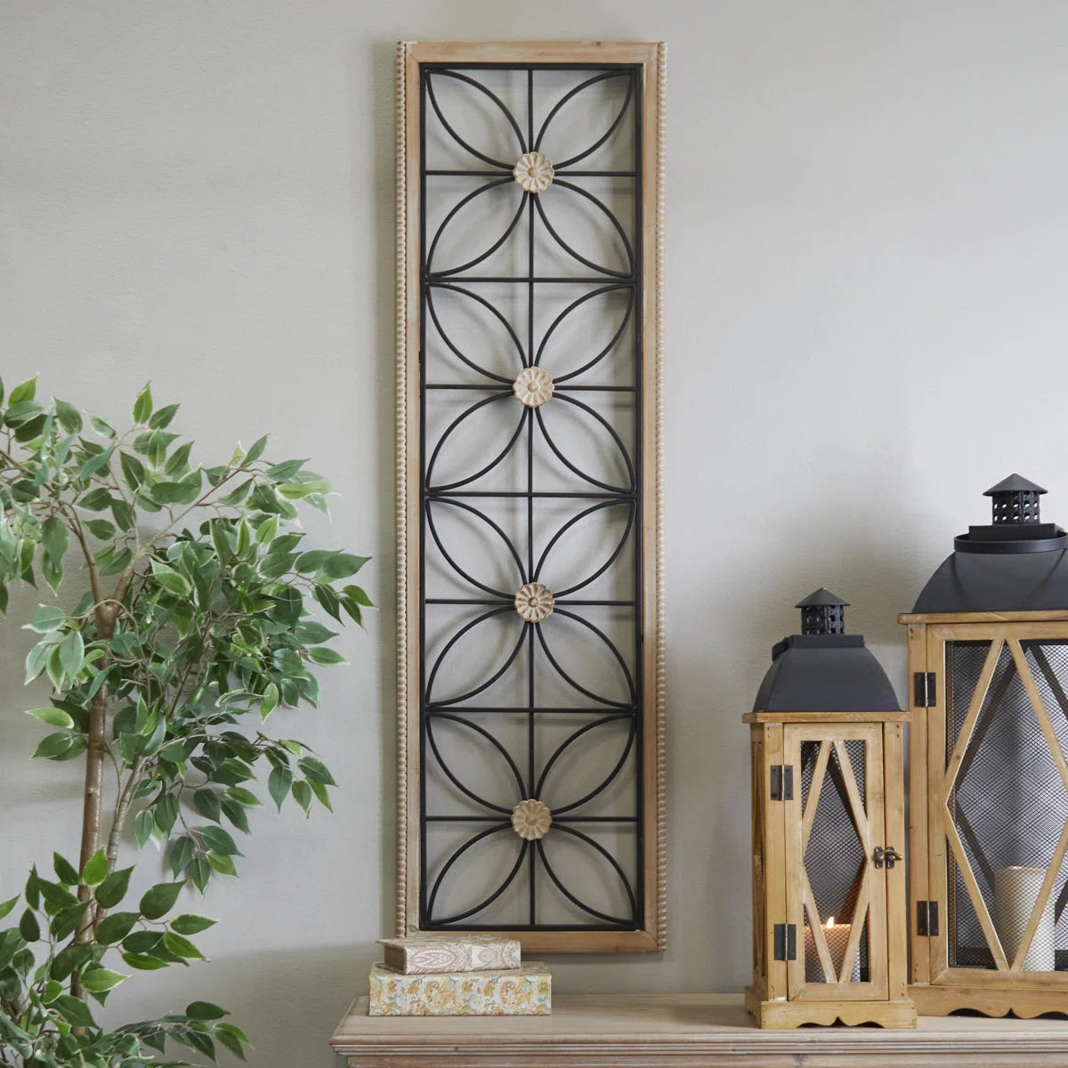 Metal Floral Home Wall Decor with Brown Frame