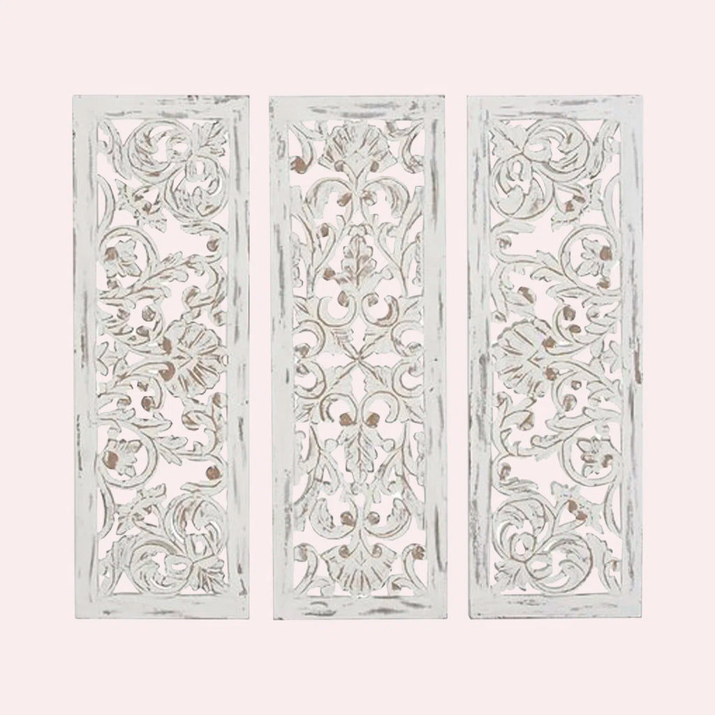 White Wooden Floral Handmade Intricately Carved Home Wall Decor, Set of 3 12"W, 36"H