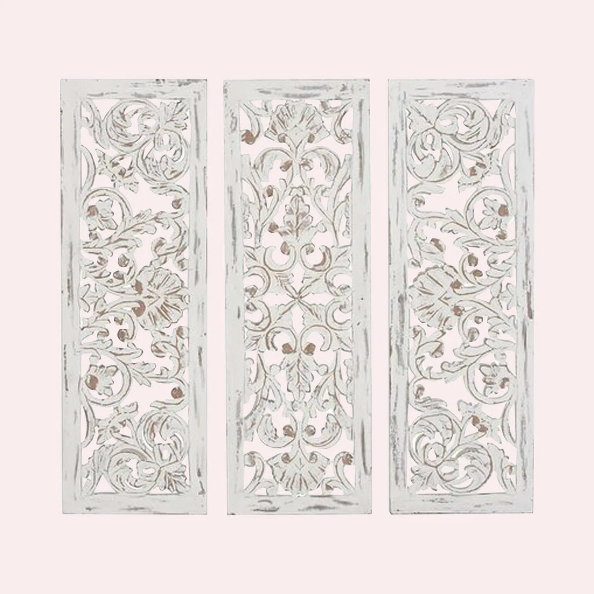 White Wooden Floral Handmade Intricately Carved Home Wall Decor, Set of 3 12"W, 36"H
