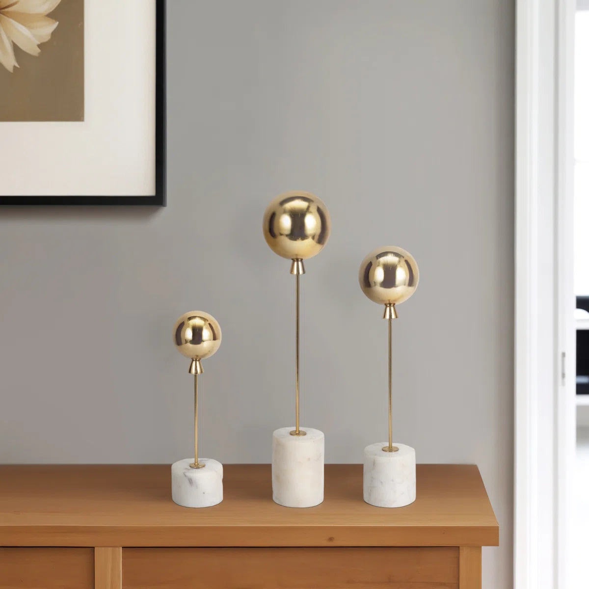 Decorative Balloon Statue Figurine with Marble Base for Home Decor – Minimalist Decorative Object for Shelf Styling and Living Room Decoration – Set of 3, 18", 15", 11", Gold & White (Set of 3)