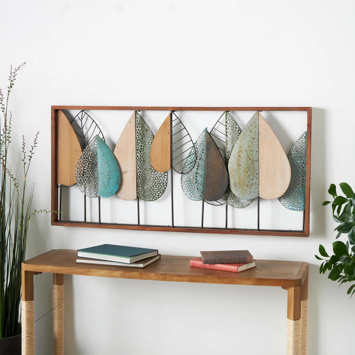 Wood Cutout Leaf Home Wall Decor with Green and Black Metal Wire Accents