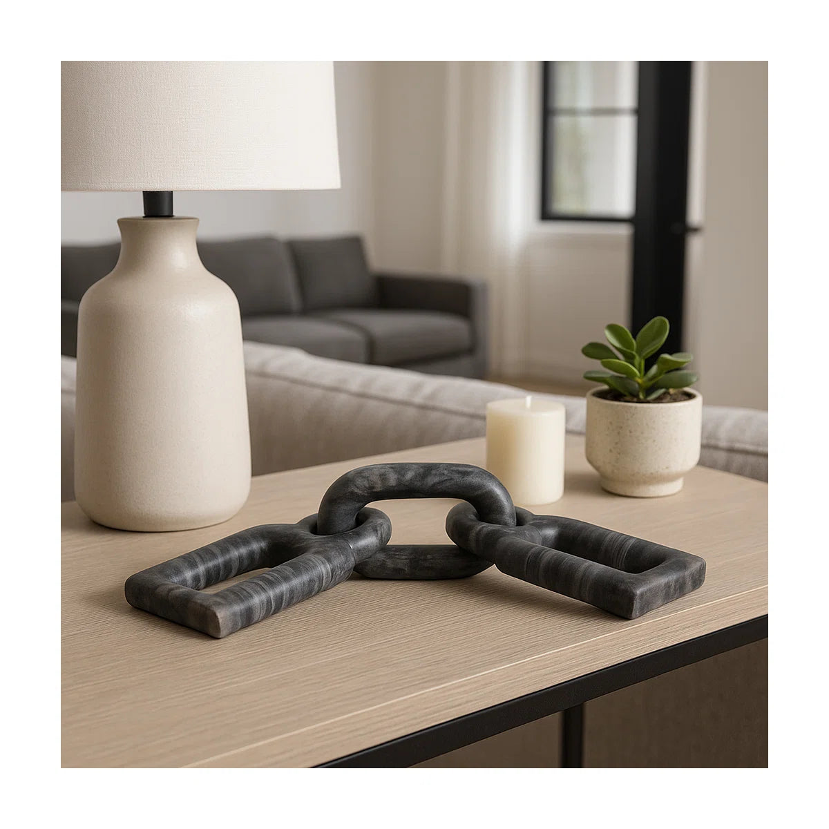 Carved Marble Chain Decorative Objects - Decorative Sculpture For Table And Home Decor - Decorations For Living Room Stone Accent - 16", Gray & White