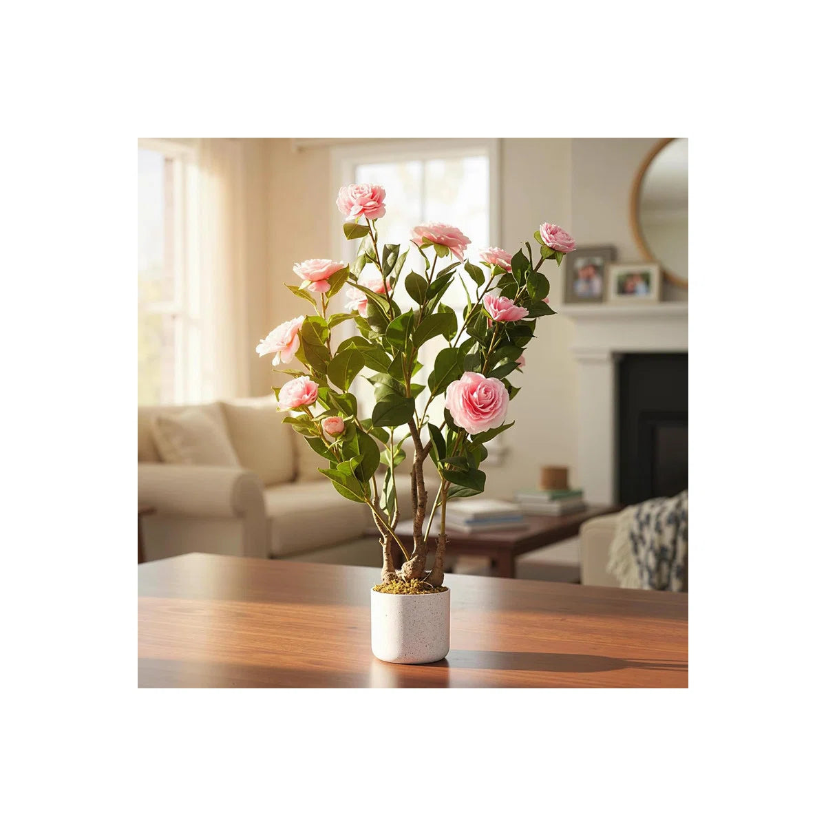 2pcs 29.5in Artificial Camellia Tree in Pot, Lifelike Pink Flowers for Indoor & Outdoor Home Office Decor