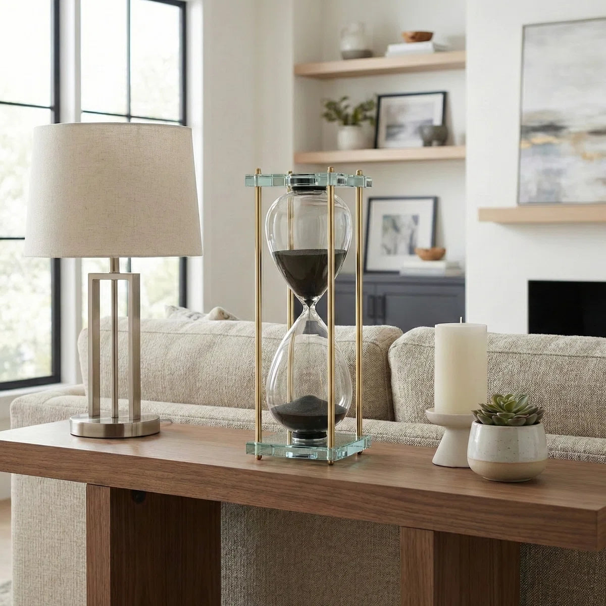 Decorative Hourglass Sculpture Object for Home Decor - Timepiece Metal Statue with Glass Frame for Table or Living Room Decoration - Black
