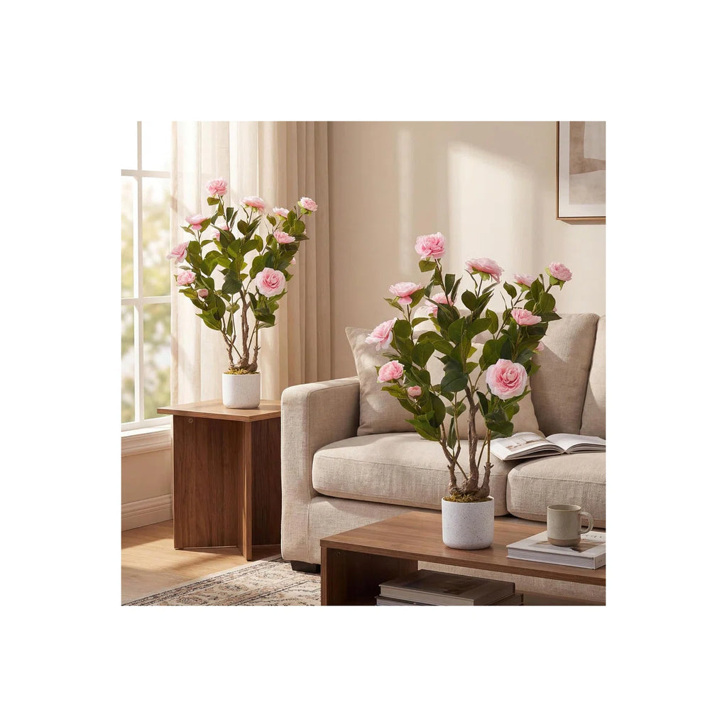2pcs 29.5in Artificial Camellia Tree in Pot, Lifelike Pink Flowers for Indoor & Outdoor Home Office Decor