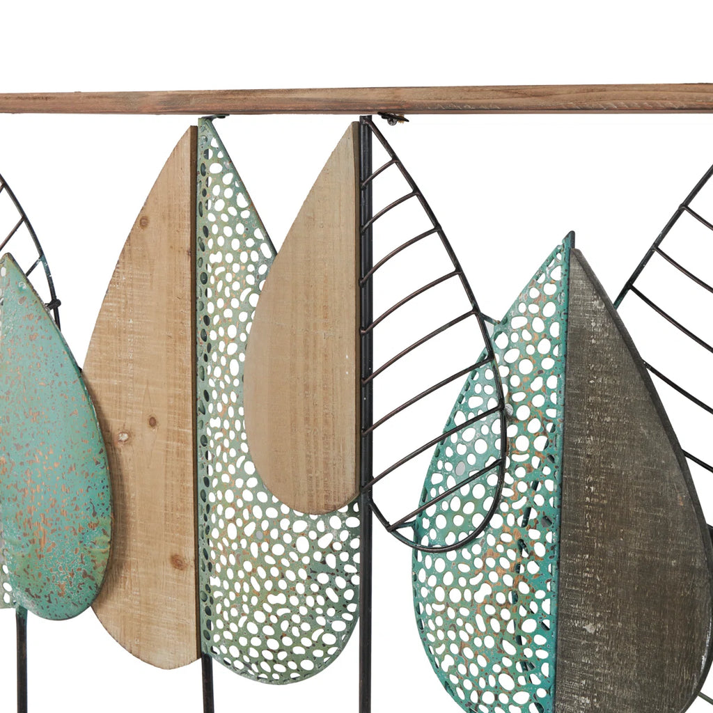 Wood Cutout Leaf Home Wall Decor with Green and Black Metal Wire Accents