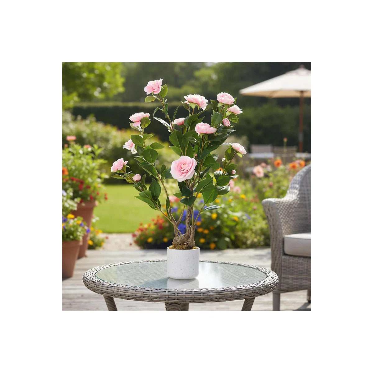 2pcs 29.5in Artificial Camellia Tree in Pot, Lifelike Pink Flowers for Indoor & Outdoor Home Office Decor