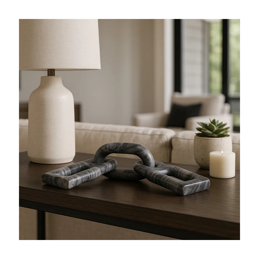 Carved Marble Chain Decorative Objects - Decorative Sculpture For Table And Home Decor - Decorations For Living Room Stone Accent - 16", Gray & White