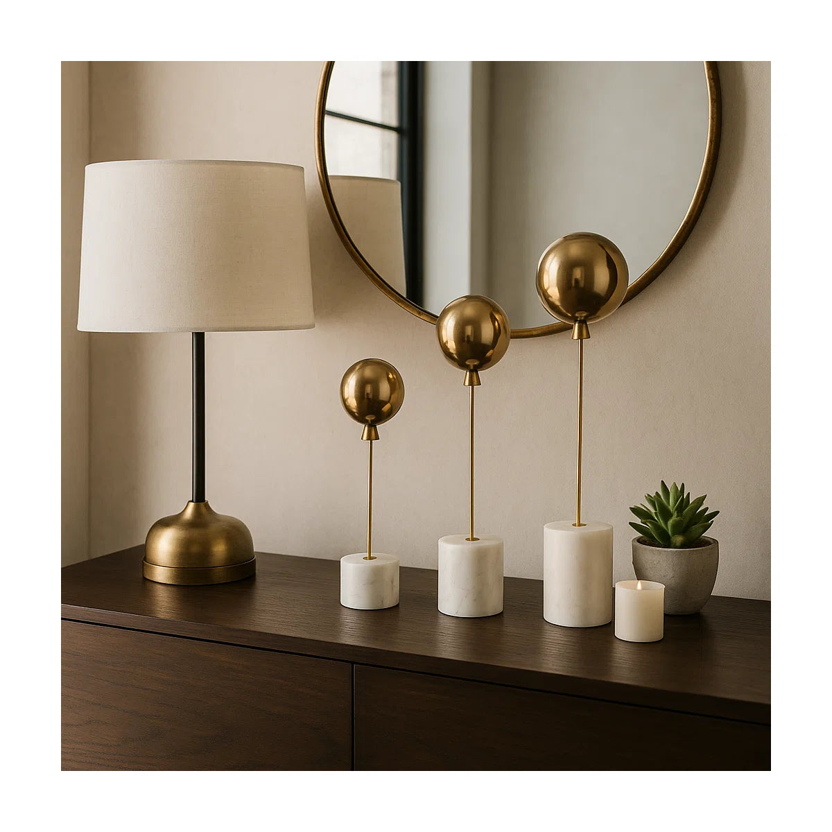 Decorative Balloon Statue Figurine with Marble Base for Home Decor – Minimalist Decorative Object for Shelf Styling and Living Room Decoration – Set of 3, 18", 15", 11", Gold & White (Set of 3)