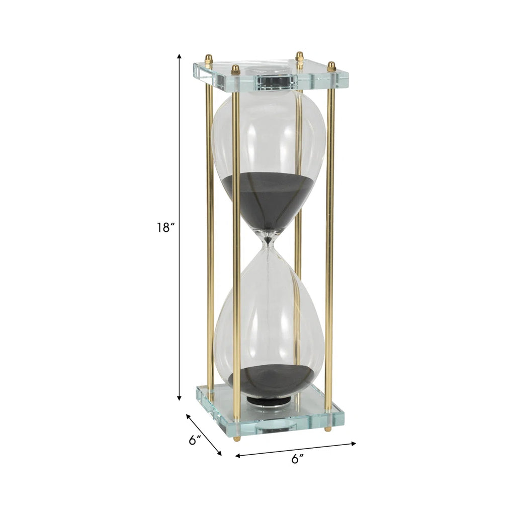 Decorative Hourglass Sculpture Object for Home Decor - Timepiece Metal Statue with Glass Frame for Table or Living Room Decoration - Black