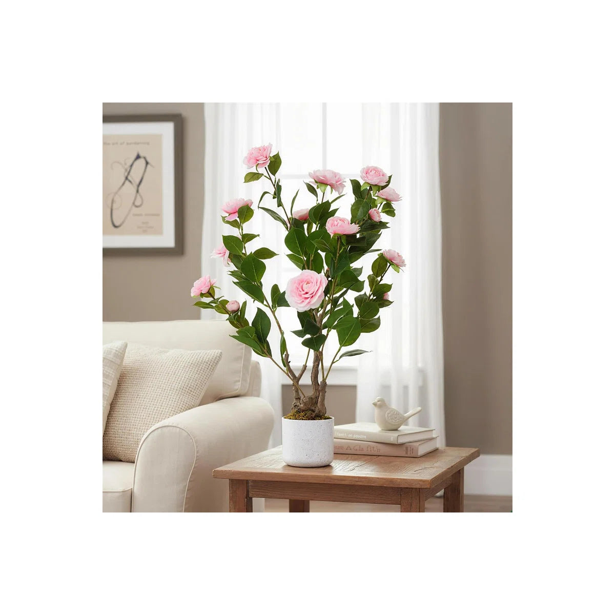2pcs 29.5in Artificial Camellia Tree in Pot, Lifelike Pink Flowers for Indoor & Outdoor Home Office Decor
