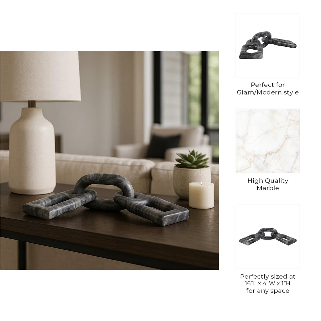Carved Marble Chain Decorative Objects - Decorative Sculpture For Table And Home Decor - Decorations For Living Room Stone Accent - 16", Gray & White