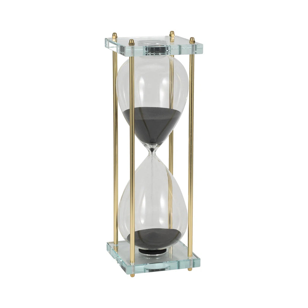 Decorative Hourglass Sculpture Object for Home Decor - Timepiece Metal Statue with Glass Frame for Table or Living Room Decoration - Black