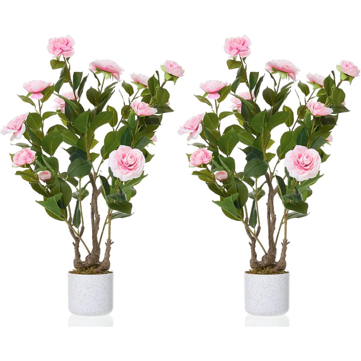 2pcs 29.5in Artificial Camellia Tree in Pot, Lifelike Pink Flowers for Indoor & Outdoor Home Office Decor