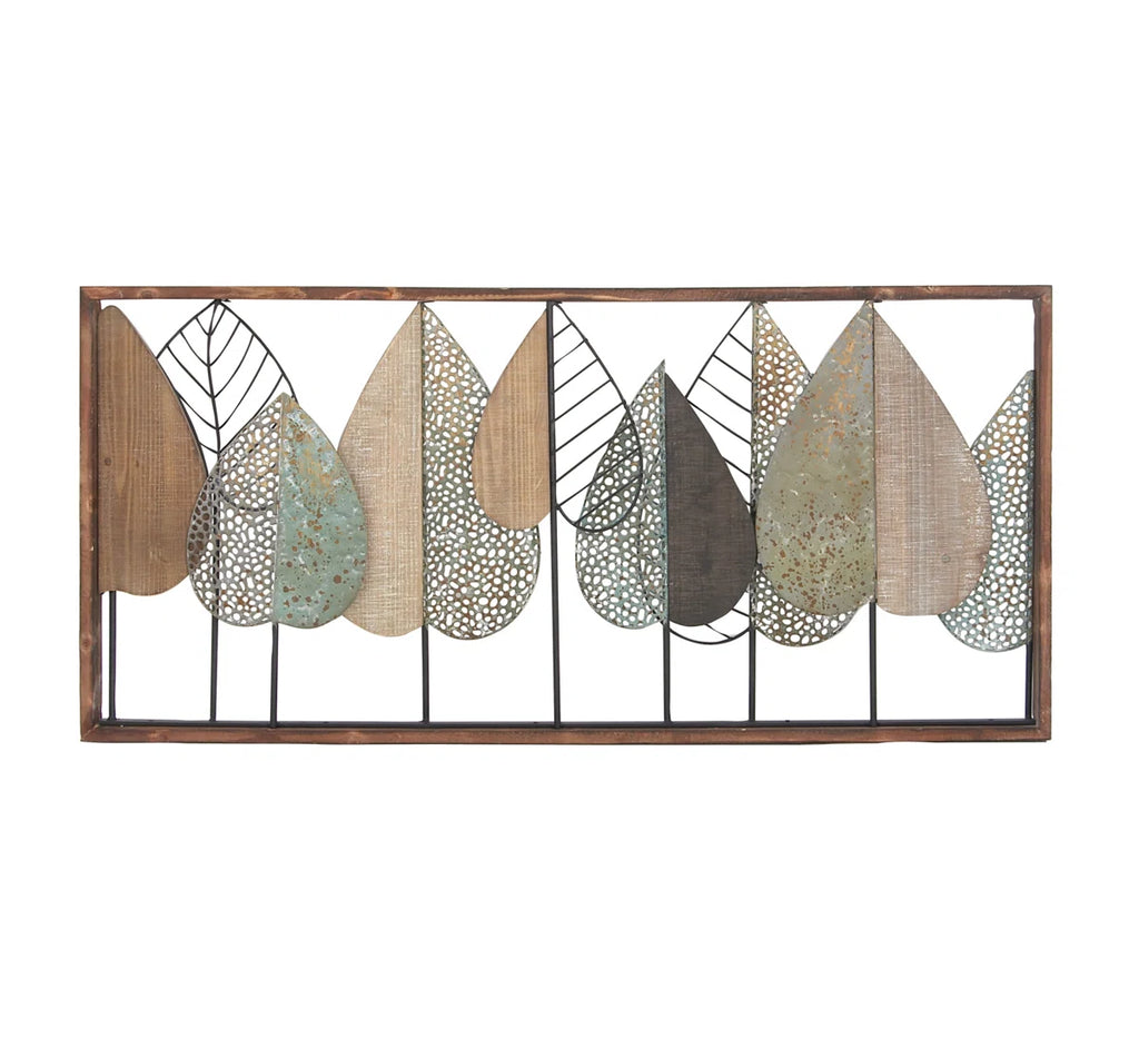 Wood Cutout Leaf Home Wall Decor with Green and Black Metal Wire Accents
