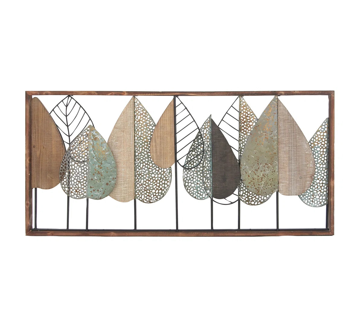 Wood Cutout Leaf Home Wall Decor with Green and Black Metal Wire Accents