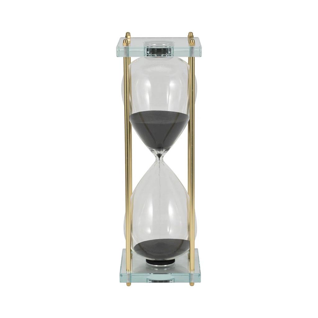 Decorative Hourglass Sculpture Object for Home Decor - Timepiece Metal Statue with Glass Frame for Table or Living Room Decoration - Black
