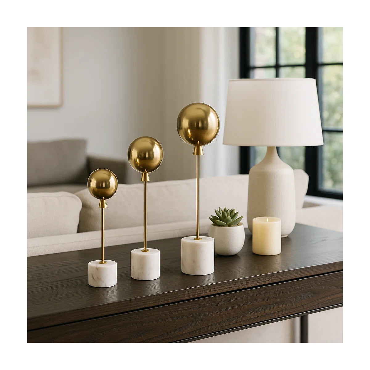 Decorative Balloon Statue Figurine with Marble Base for Home Decor – Minimalist Decorative Object for Shelf Styling and Living Room Decoration – Set of 3, 18", 15", 11", Gold & White (Set of 3)